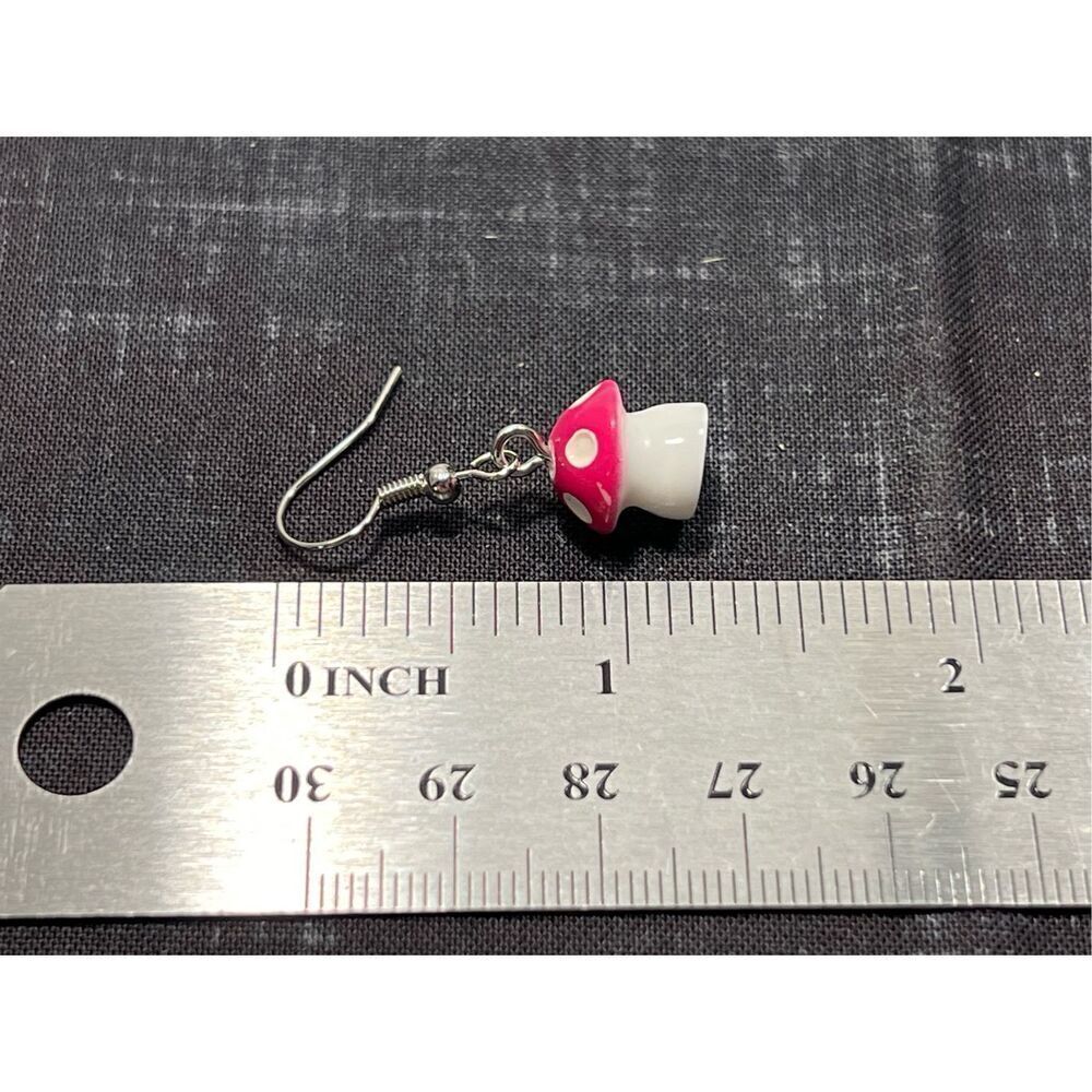 Bright Pink Mushroom Inspired Silver Colored Fish Hook Stud Earring - Picture 2 of 3